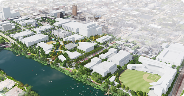 Aerial view of a rendering of proposed downtown development