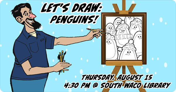 Illustration of a man drawing penguins on an easel