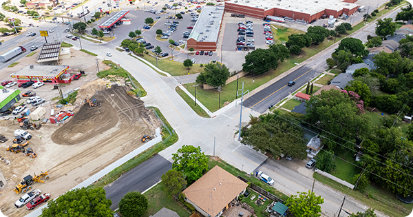 Aerial of the recently reconstructed Bagby Ave/Irving Lee Street intersection near HEB