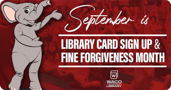 Illustration of Booker the elephant showcasing the library's fine forgiveness month