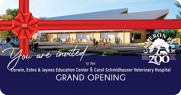 Invitation for the grand opening of the Cameron Park Zoo Education Center & Veterinary Hopsital