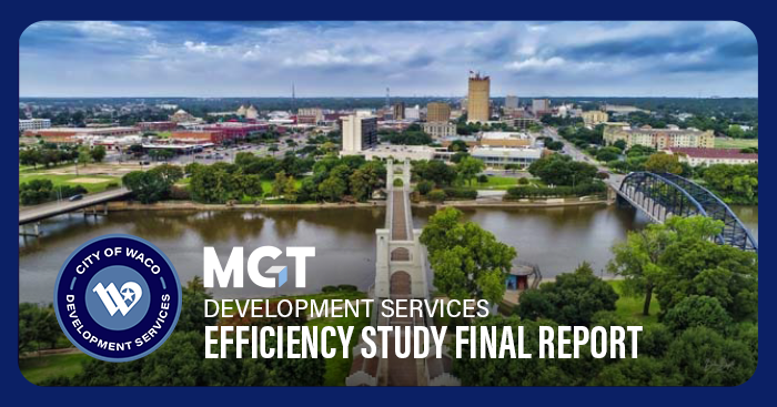 Aerial view of Downtown Waco with the Brazos River and the Suspension Bridge