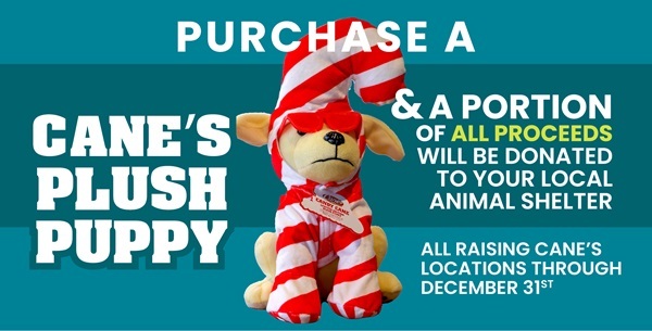 The Raising Cane's plush puppy wearing a candy cane costume