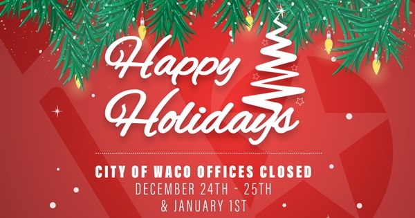 Happy Holidays graphic with Christmas tree branches, lights, and snow