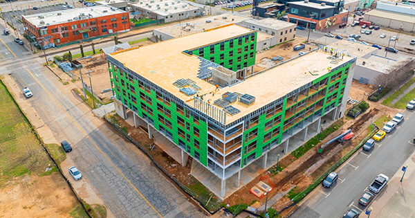 Aerial view of Hyatt Place hotel under construction in downtown.