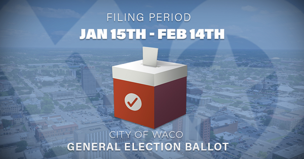 An election ballot box over an aerial image of Downtown Waco