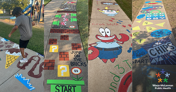 Collage of fun obstacles courses painted on sidewalks