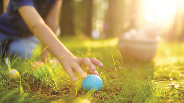 Closeup of a kid reaching for a sky blue Easter egg