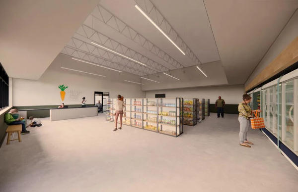 Rendering of a food bank that looks like a modern grocery store
