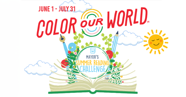 Colorful illustration of a book opening up to florals and a sunny day