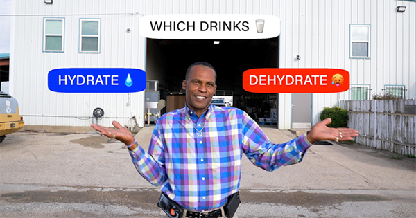 A man motioning toward the words hydrate or dehydrate