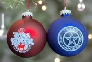one red and one blue bulb ornaments