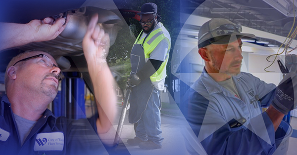 Collage of a man working on a car, a man drilling in the street, and a man working with wiring.