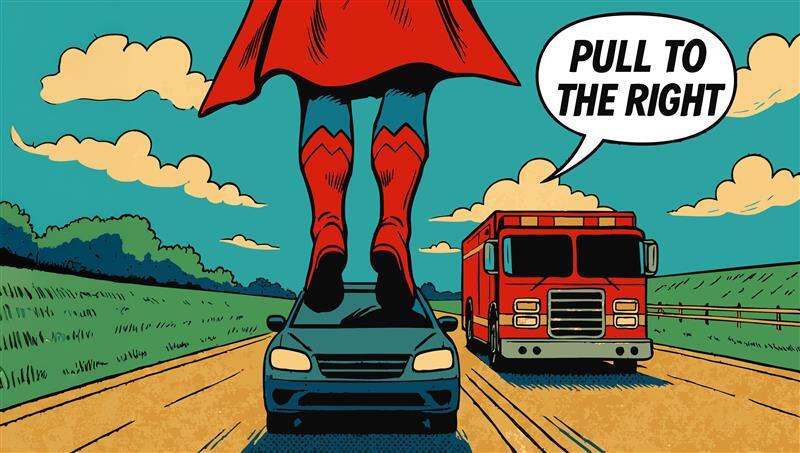comic image of superman in front of fire truck
