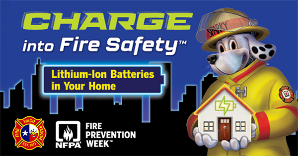 Graphic of Sparky the Fire Dog holding a small house with a battery charging icon on it