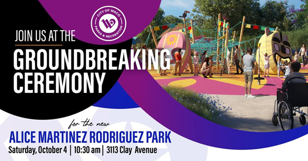 Invitation to groundbreaking ceremony with rendering of colorful park playground
