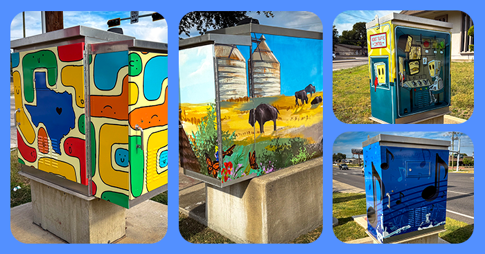 Collage of different art on utility boxes