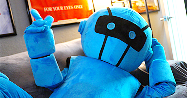 Futuristic blue robot listening to music on the couch