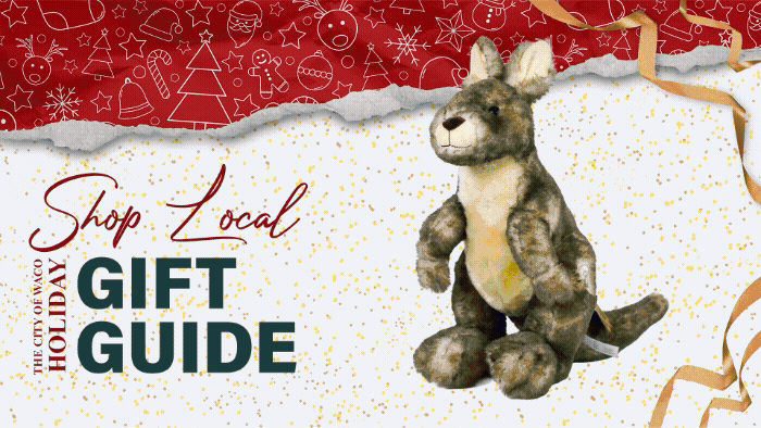 Animated holiday graphic showing plushies, hats, a mug, candle, and more