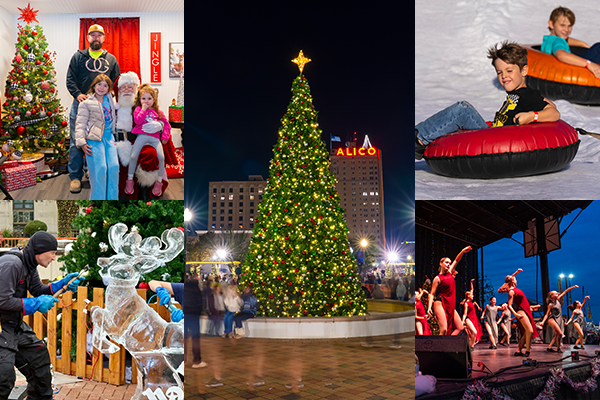 Collage of Waco Wonderland activities, Christmas tree at Heritage Square, Santa's House, snow sledding, dancers, and ice sculpting