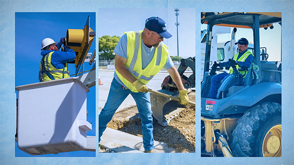 A man working on a traffic signal and two men working on a construction site