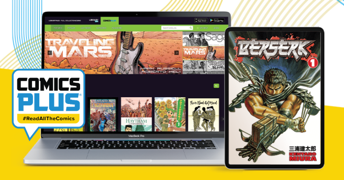 A computer and tablet displaying ComicsPlus