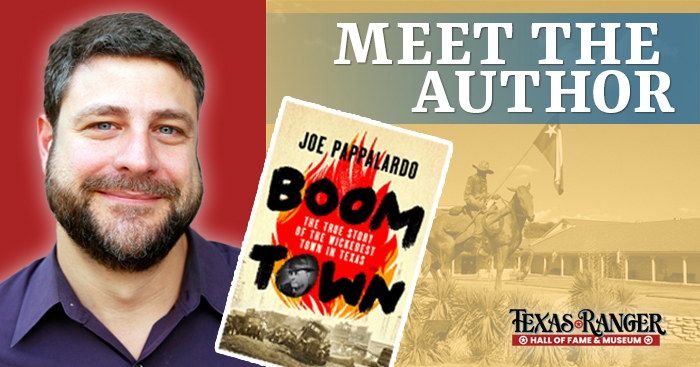 Announcement featuring Boom Town book and author's image