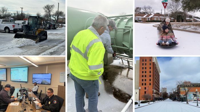 Collage: Kid playing in snow, staff working on utility equipment, snowy downtown, staff in meeting room