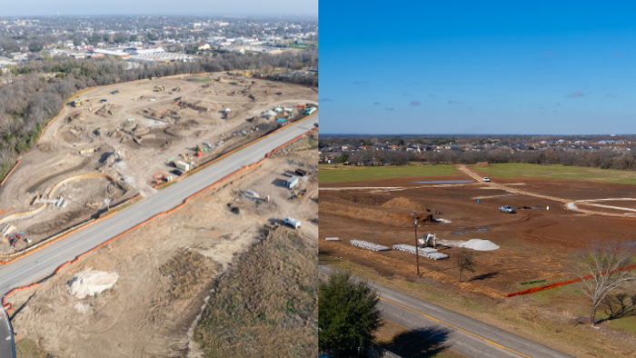 Side by side photos of two parks under construction