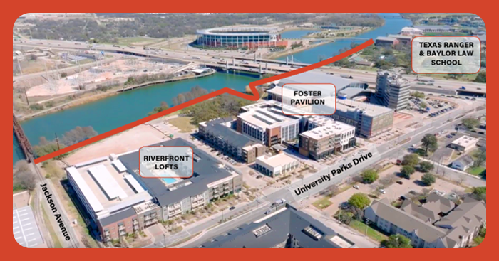 Aerial view of the riverwalk trail being closed from Jackson Ave to the Baylor Law School