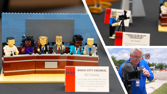 Lego displays featuring Waco City Council and videographer Bill Gowdy