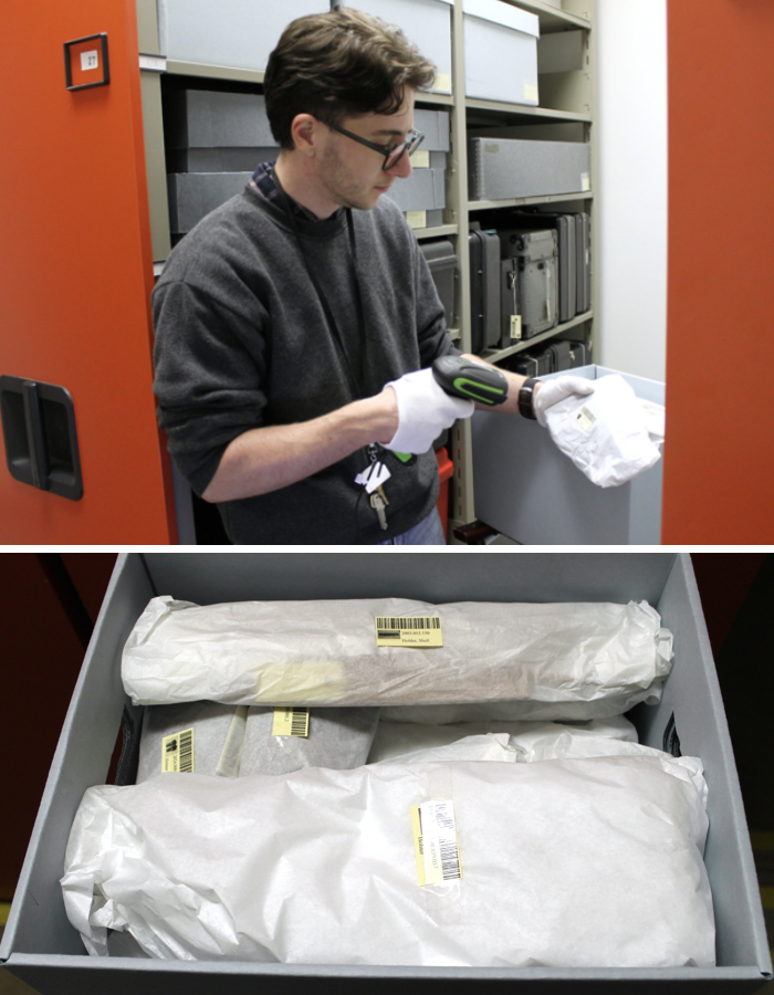 Man with scanner on top and box of artifacts with barcodes on bottom