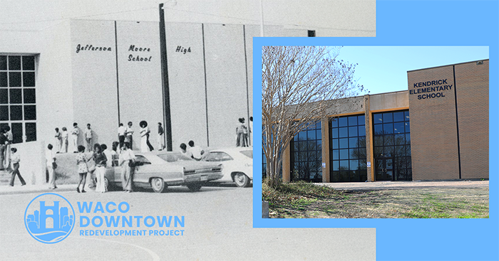 Black and white photo of Jefferson-Moore High School with present-day photo of the same building