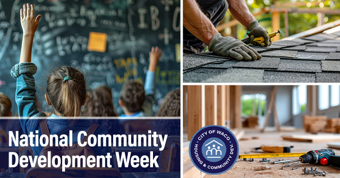 Collage: Kids in a classroom, a man repairing a roof, and a house under construction