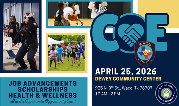 Collage: Waco Police officers dancing and interacting with the community in a park