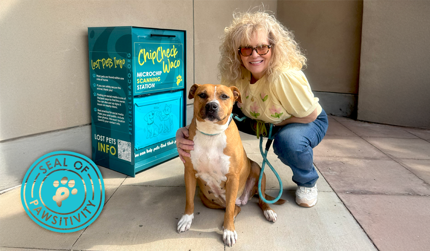 A woman with a happy brown dog next to a chip check box