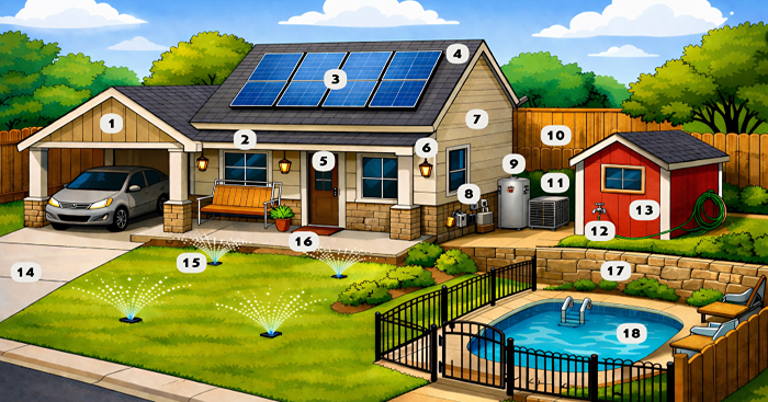 Graphic of a residential house labeled with multiple potential permit types