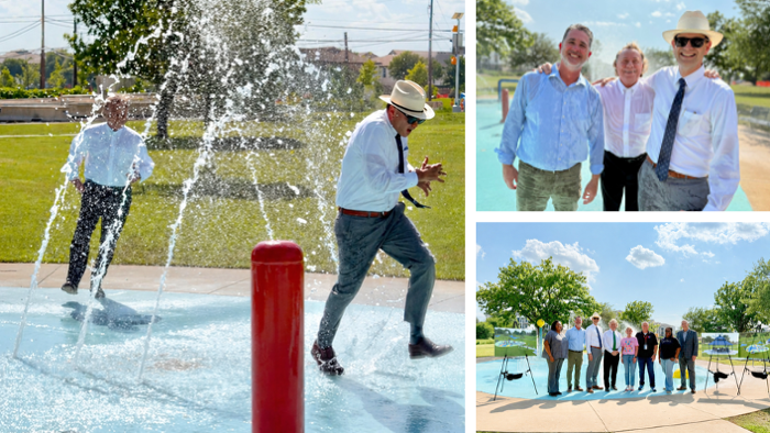 Mayor Jim Holmes and Council Member Josh Borderud running through a splash pad