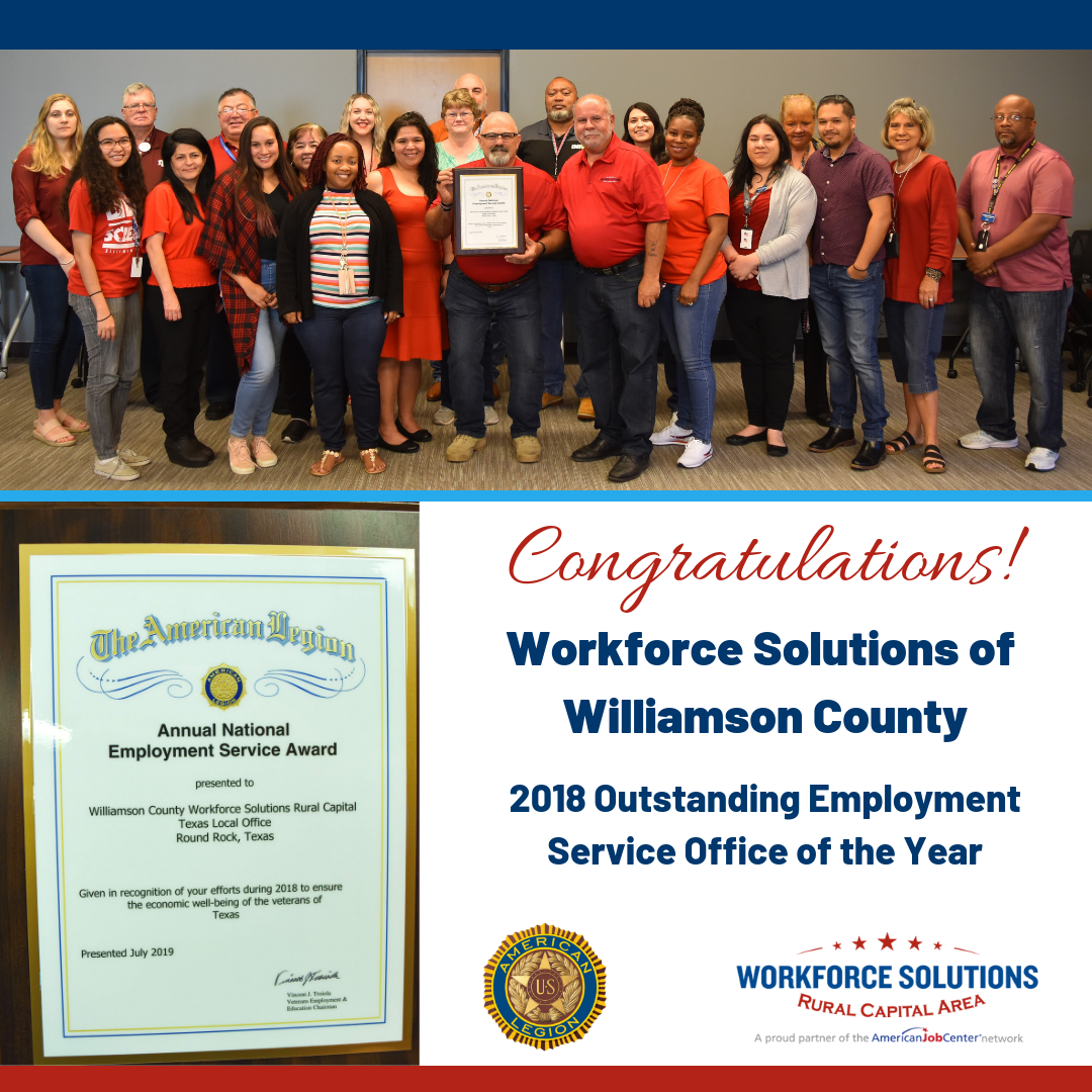 WSRCA Team at Workforce Solutions of Williamson County Honored by American Legion for Outstanding Employment Services for Veterans