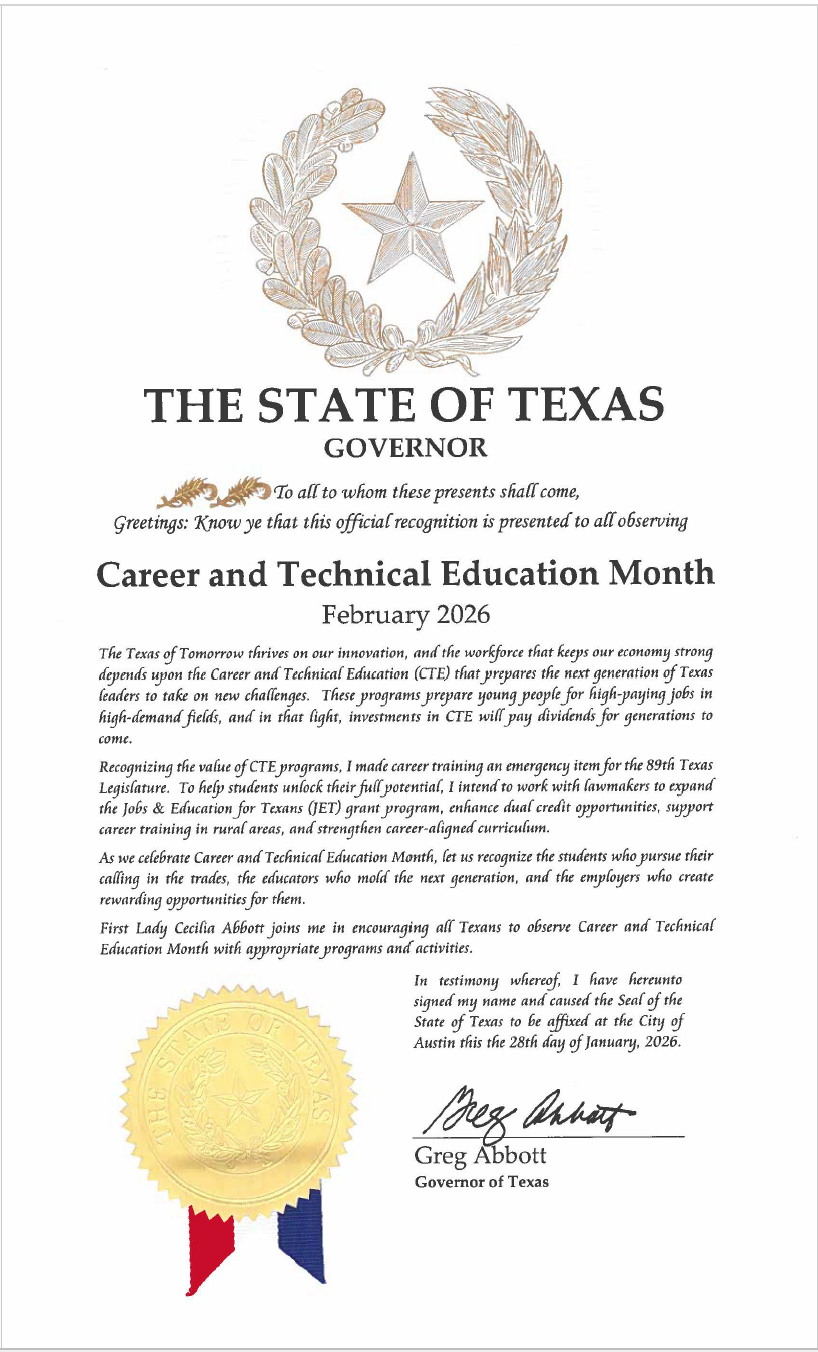 Texas Governor Greg Abbott's Career and Technical Education Month Proclamation issued January 28, 2026.