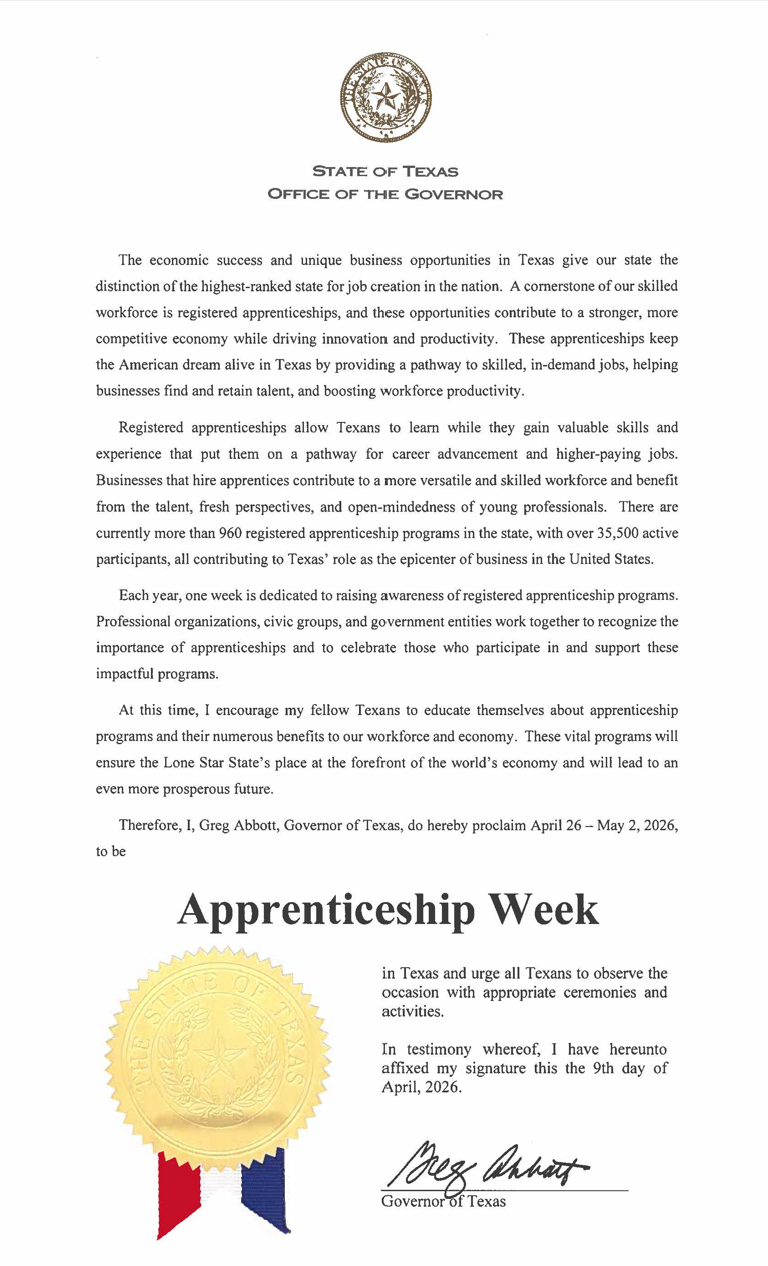 Pictured Above: Texas Governor Greg Abbott Issued Apprenticeship Week Proclamation on April 9, 2026