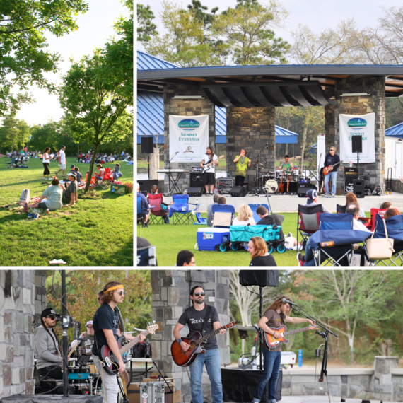 Photo collage of residents sitting on the grass watching the band on stage