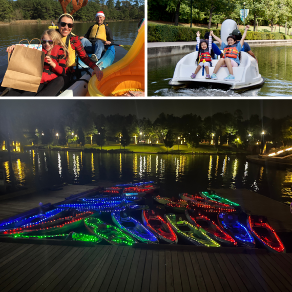 collage of family riding in a swan boat and a family riding in a kayak