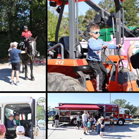 A collage of photos - Child sitting on large tractor, a police horse, and families looking at a firetruck.