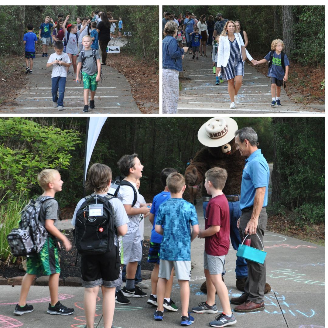 Collage of students and mascots in front of school