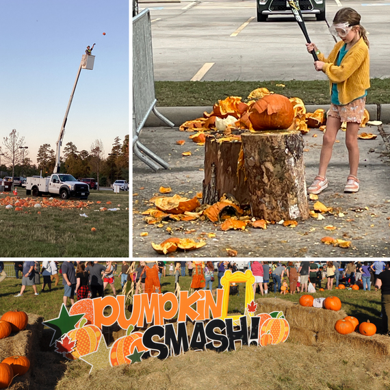 collage of children participating in the pumpkin smash with baseball bats and other tools