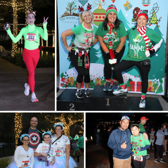 A collage of images featuring Woodlands residents in festive Christmas active gear at the nighttime Glow and Go race. 