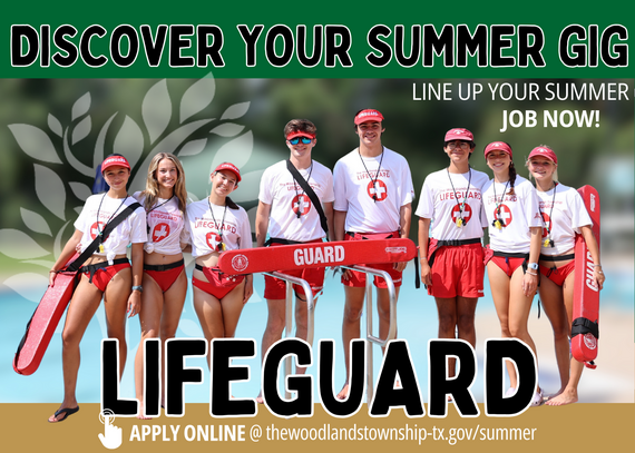 Discover your summer gig, line up your summer job now. Photo of lifeguards standing in front of blue background.