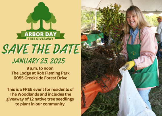 Save the date January 25, 2025 for the Arbor Day Tree Give away; photo of a women holding a tree seedling.