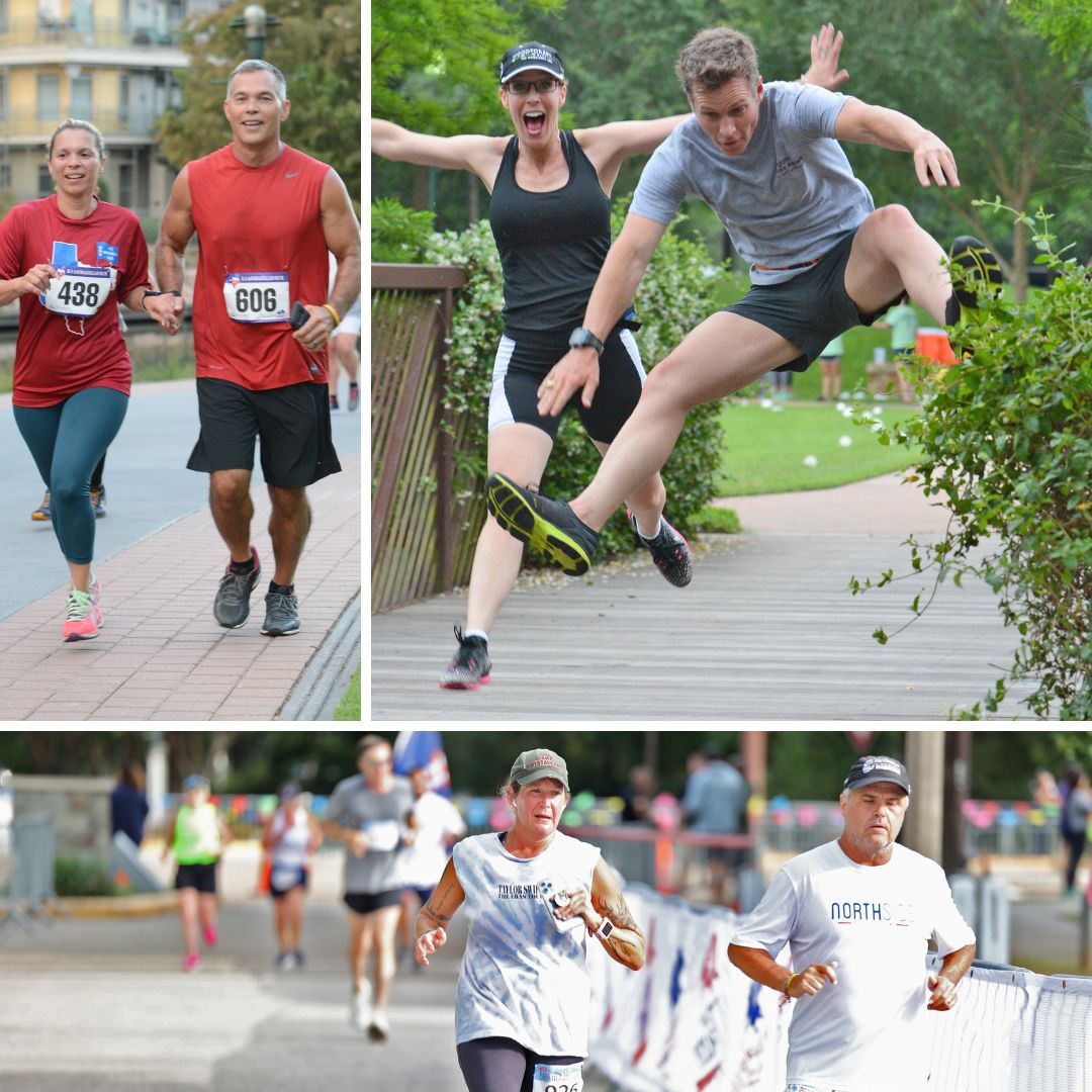 A collage of four photos, women and men smiling while running a race